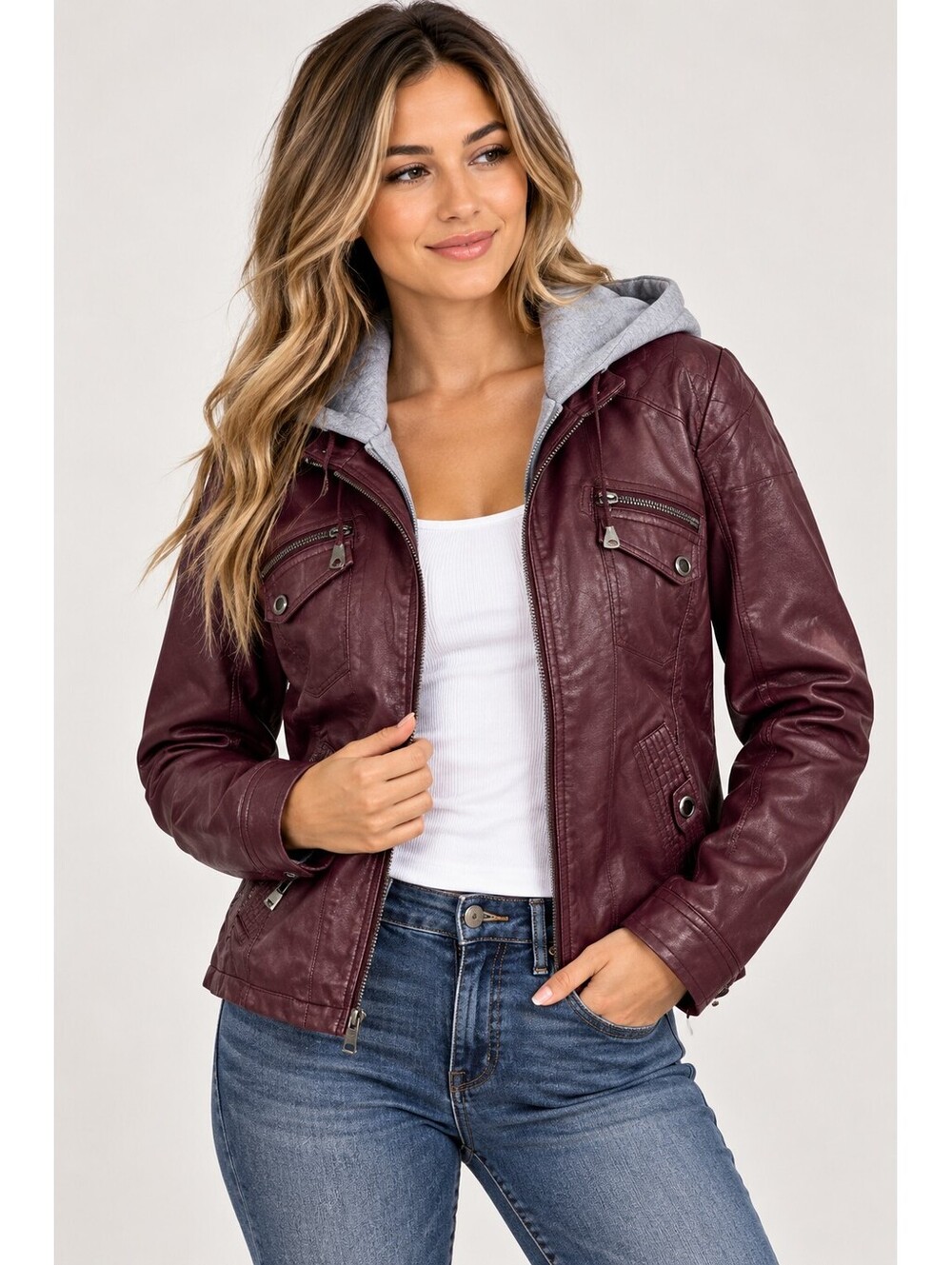 JOUJOU Burgundy Faux Leather Hooded Moto Jacket Womens Faux Fur lined XL Y2K